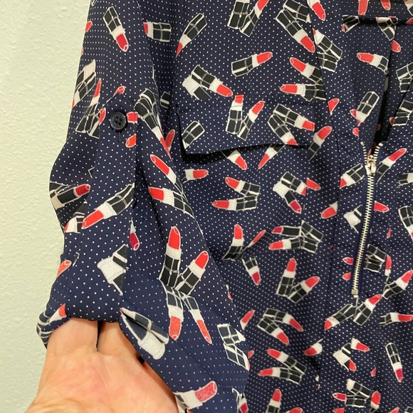 Express Navy Blue and white polka dot blue with lipstick novelty print. … - Picture 2 of 6